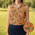 Vintage Black Cat Halloween Pattern Polo Shirt, Golf Shirts For Women, Womens Golf Tops