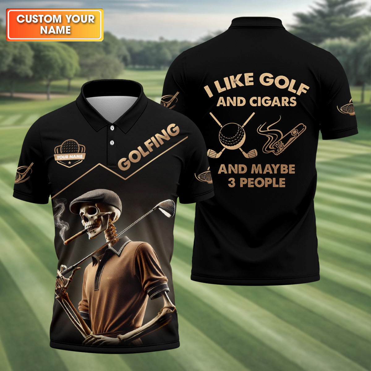 I Like Golf And Cigars And Maybe 3 People Custom Funny Skull Golf Polo Shirt, Dad Golf Gift