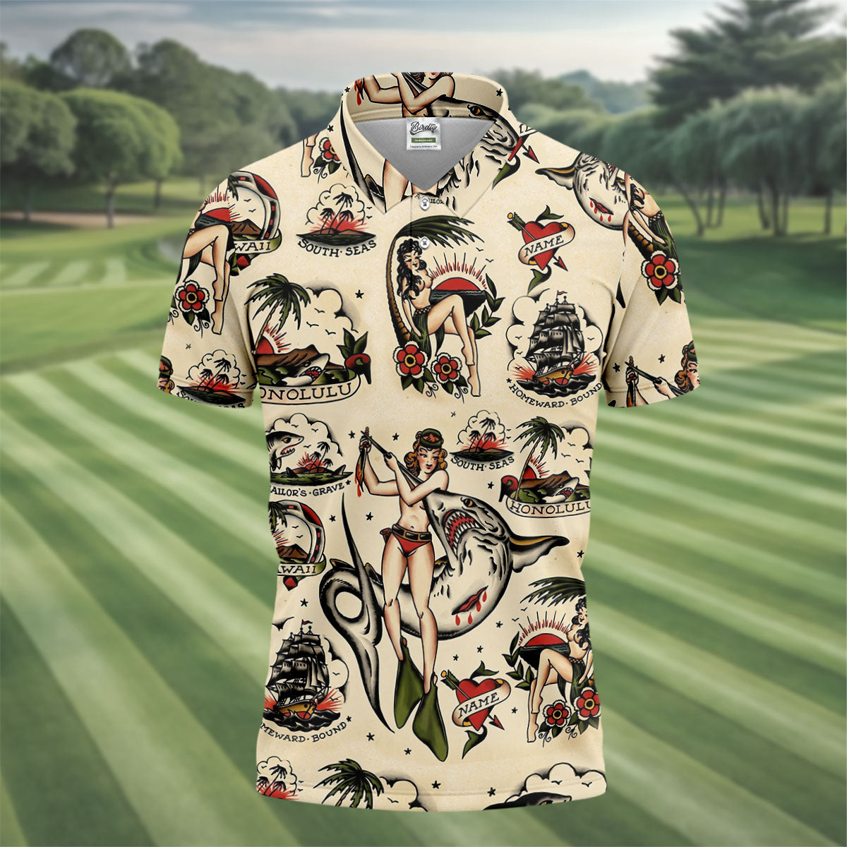 Vintage Hawaiian Pin Up Shark Tattoo Golf Shirt, Hawaiian Golf Shirt, Mens Golf Apparel