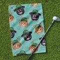 Pet Dog and Cat Face Golf Towel with Green Caps, Funny Golf Towel, Golf Accessories Gift
