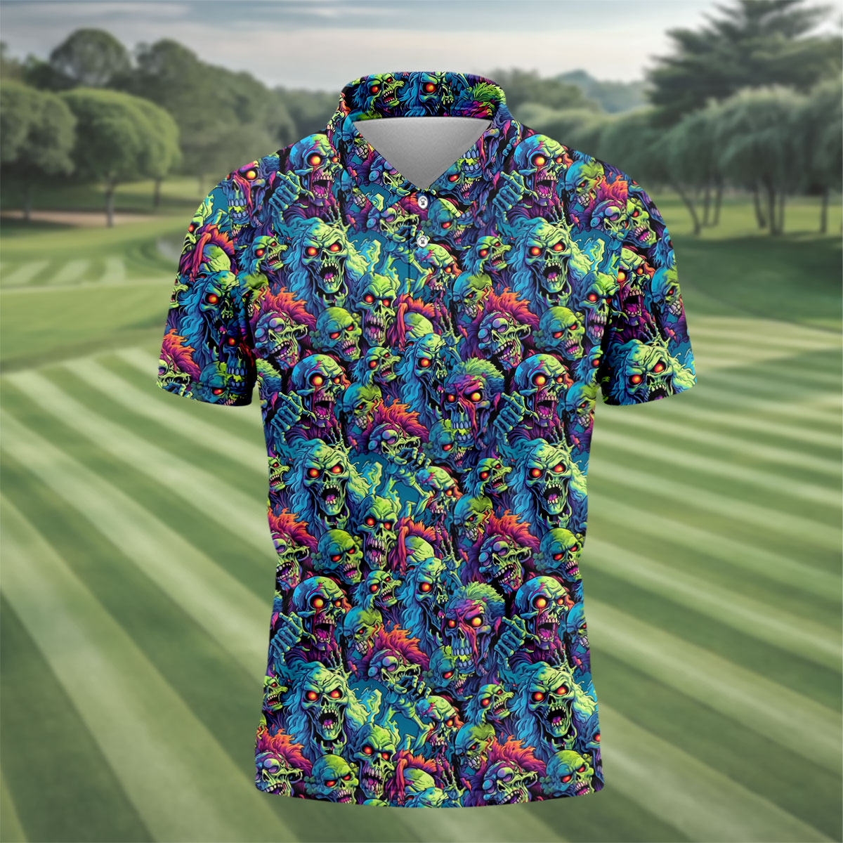Colorful Zombie Head Pattern Halloween Golf Polo Shirt, Mens Golf Polo, Golf Shirts For Men