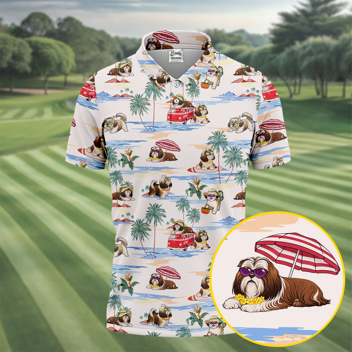 Beach Vacation Shih Tzu Print Hawaiian Golf Polo, Golf Tops For Men, Golfing Apparel