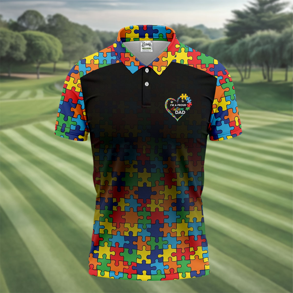 I'm A Proud Autism Dad Autism Awareness Puzzle Pattern Black Fade Golf Shirts For Men, Golf Gifts For Dad