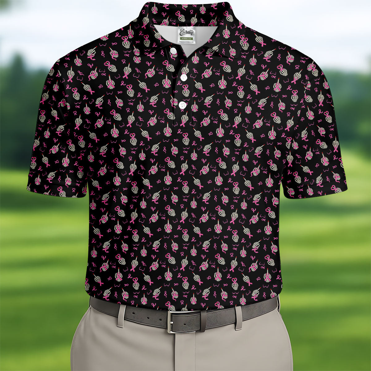 Skeleton Middle Finger Breast Cancer Polo Shirt, Polo Shirts For Men, Mens Golf Apparel