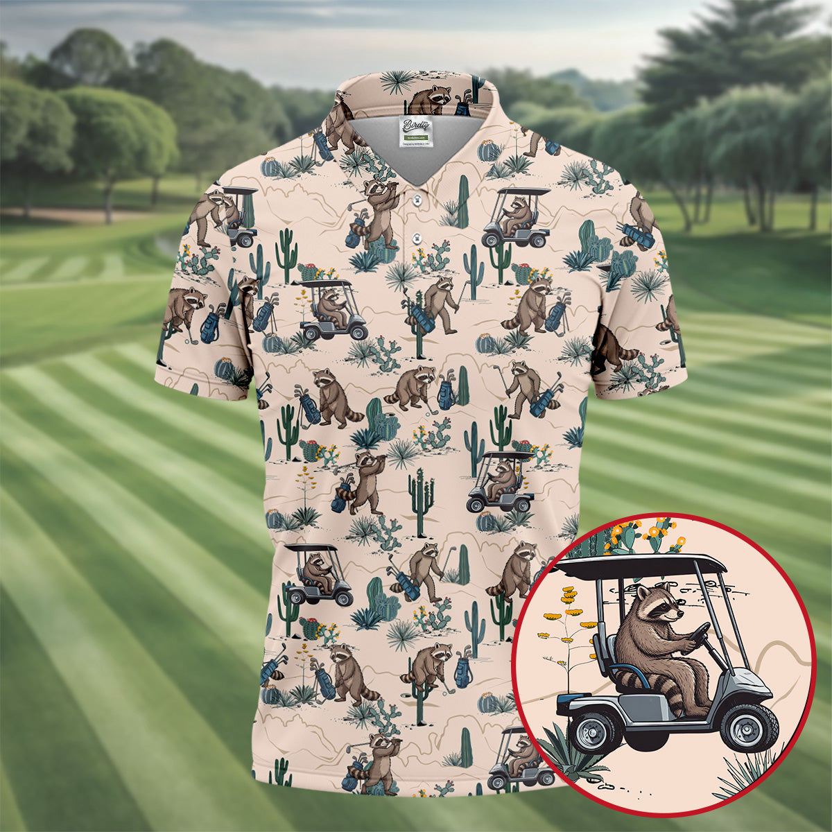 Funny Raccoon Desert Golf Pattern Polo Shirt, Mens Golf Polo, Printed Golf Shirts