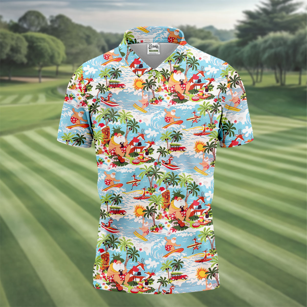 Surfing Santa Tropical Christmas Golf Shirt, Beach Reindeer Holiday Polo, Hawaiian Golf Shirt, Printed Golf Shirts