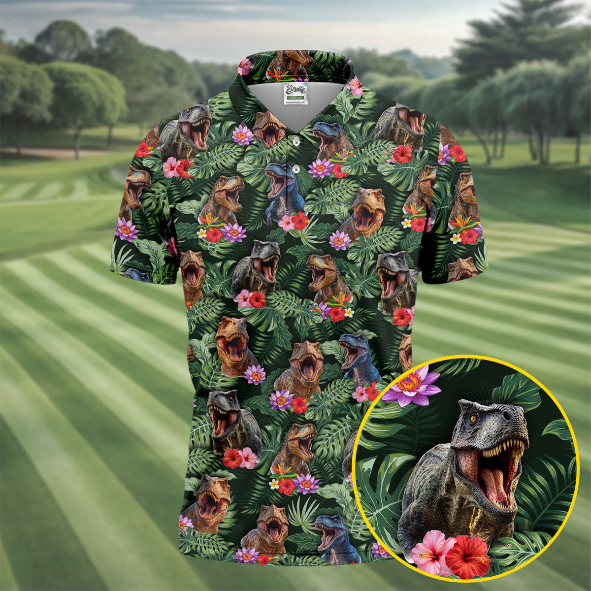 Tropical T Rex Floral Pattern Hawaiian Golf Polo, Golf Tops For Men, Golfing Apparel
