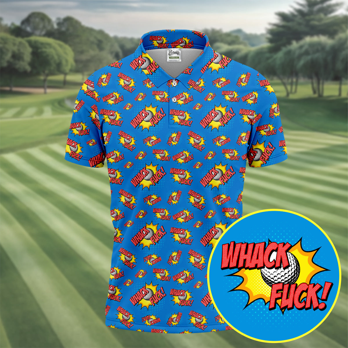 Whack F*ck Comic Golf Ball Blue Polo Shirt, Funny Golf Shirt, Golf Shirts For Men