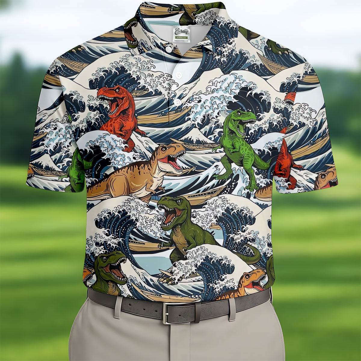 T Rex Surfing Great Wave Golf Polo Shirt, Men's Golf Shirt, Printed Golf Shirts