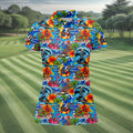 Blue Tropical Skeleton Surfer Pattern Golf Polo Shirt, Golf Shirts For Women, Women's Golf Polo