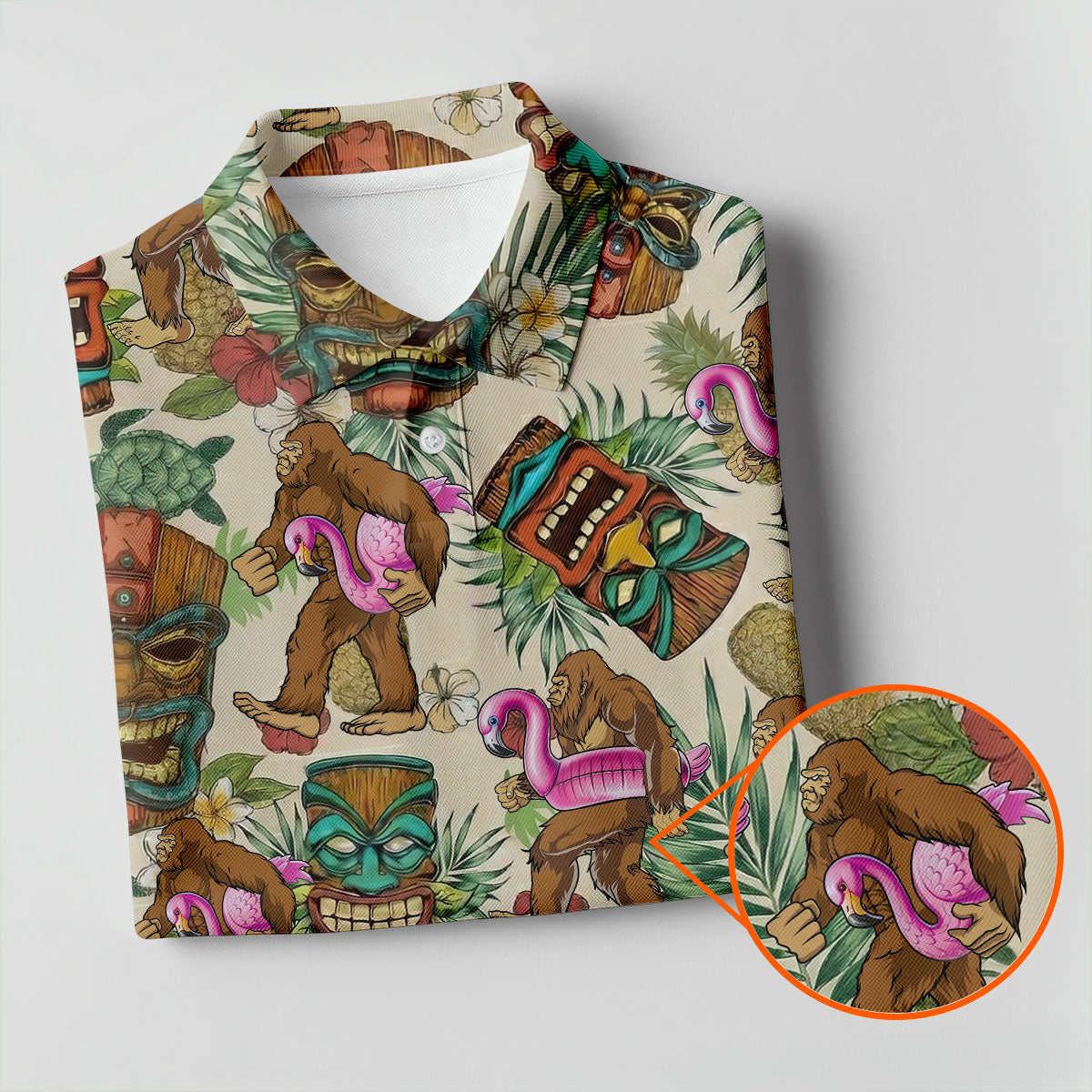 Tropical Bigfoot Adventure with Tiki Totems Design Hawaiian Golf Polo, Golf Tops For Men, Golfing Apparel