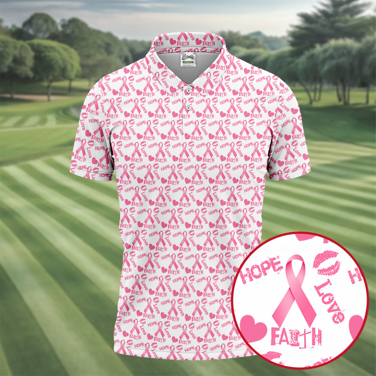 Hope Love Faith Pink Ribbon Breast Cancer Golf Shirt, Men's Golf Shirt, Mens Golf Apparel
