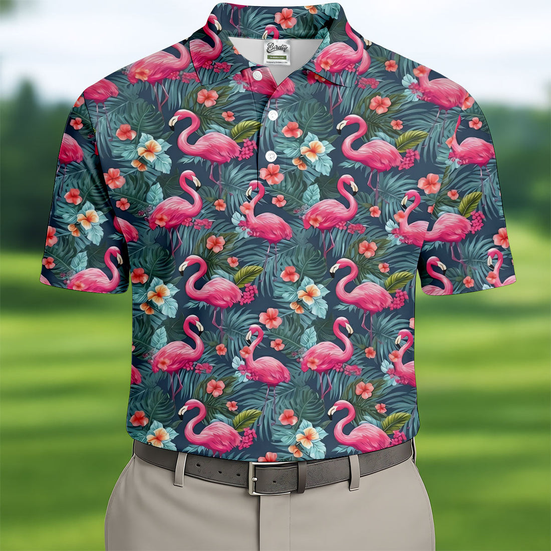 Pink Flamingo Tropical Floral Golf Polo Shirt, Hawaiian Golf Shirt, Golf Shirts For Men