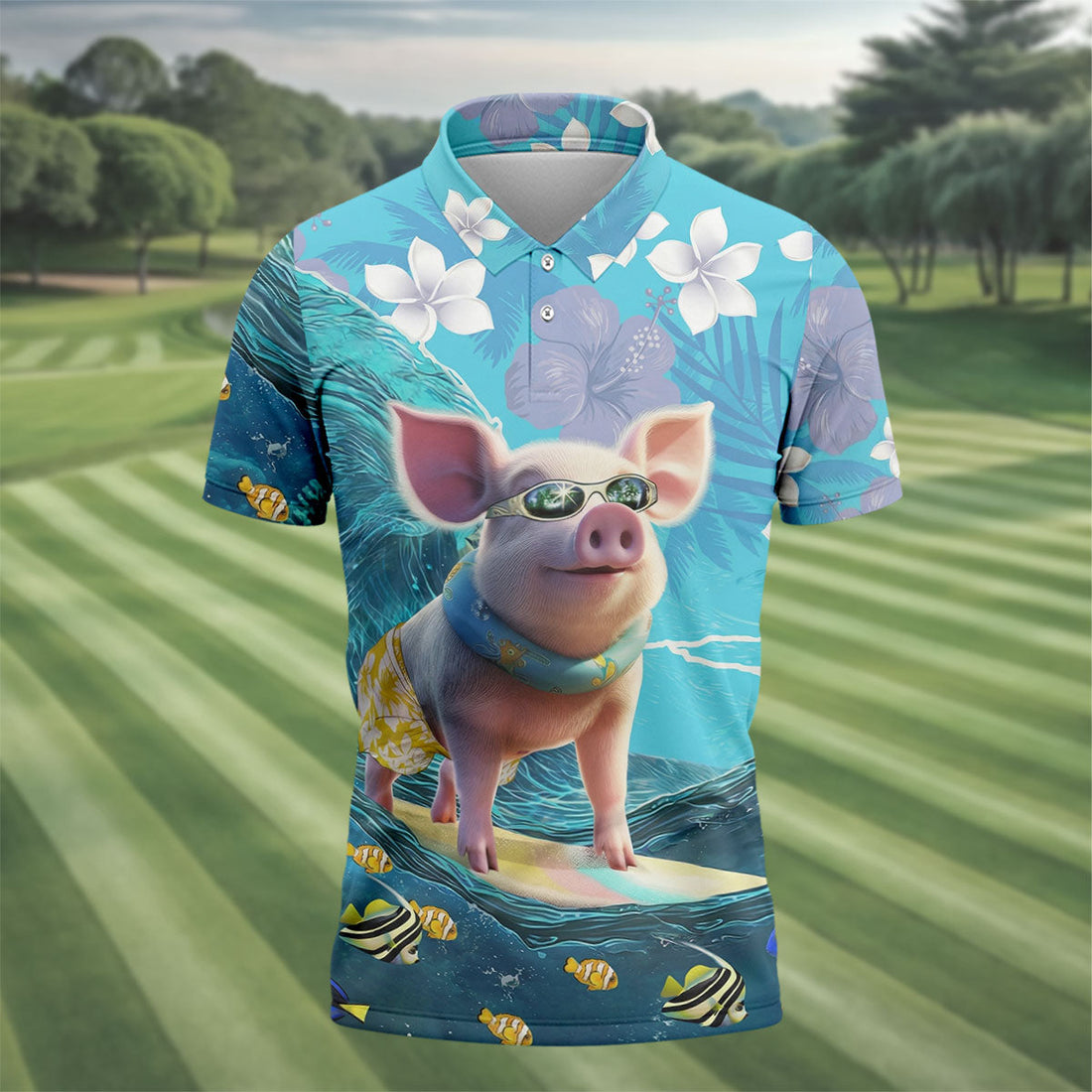 Funny Pig Riding Ocean Waves with Tropical Flowers Hawaiian Golf Polo, Golf Tops For Men, Golfing Apparel