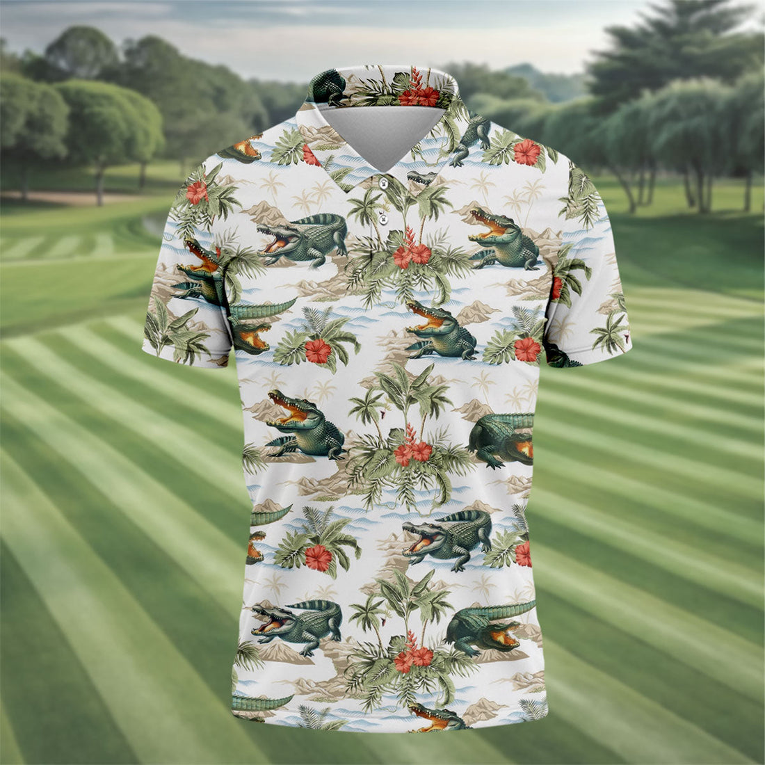 Tropical Coastal Alligator and Hibiscus Pattern Hawaiian Golf Polo, Golf Tops For Men, Golfing Apparel