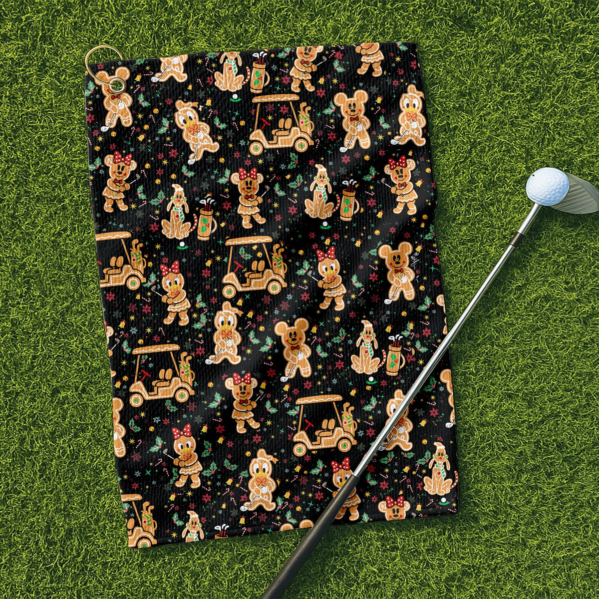 Cartoon Gingerbread Black Golf Towel, Unique Gift For Golfer, Christmas Golf Gift, Golf Accessories