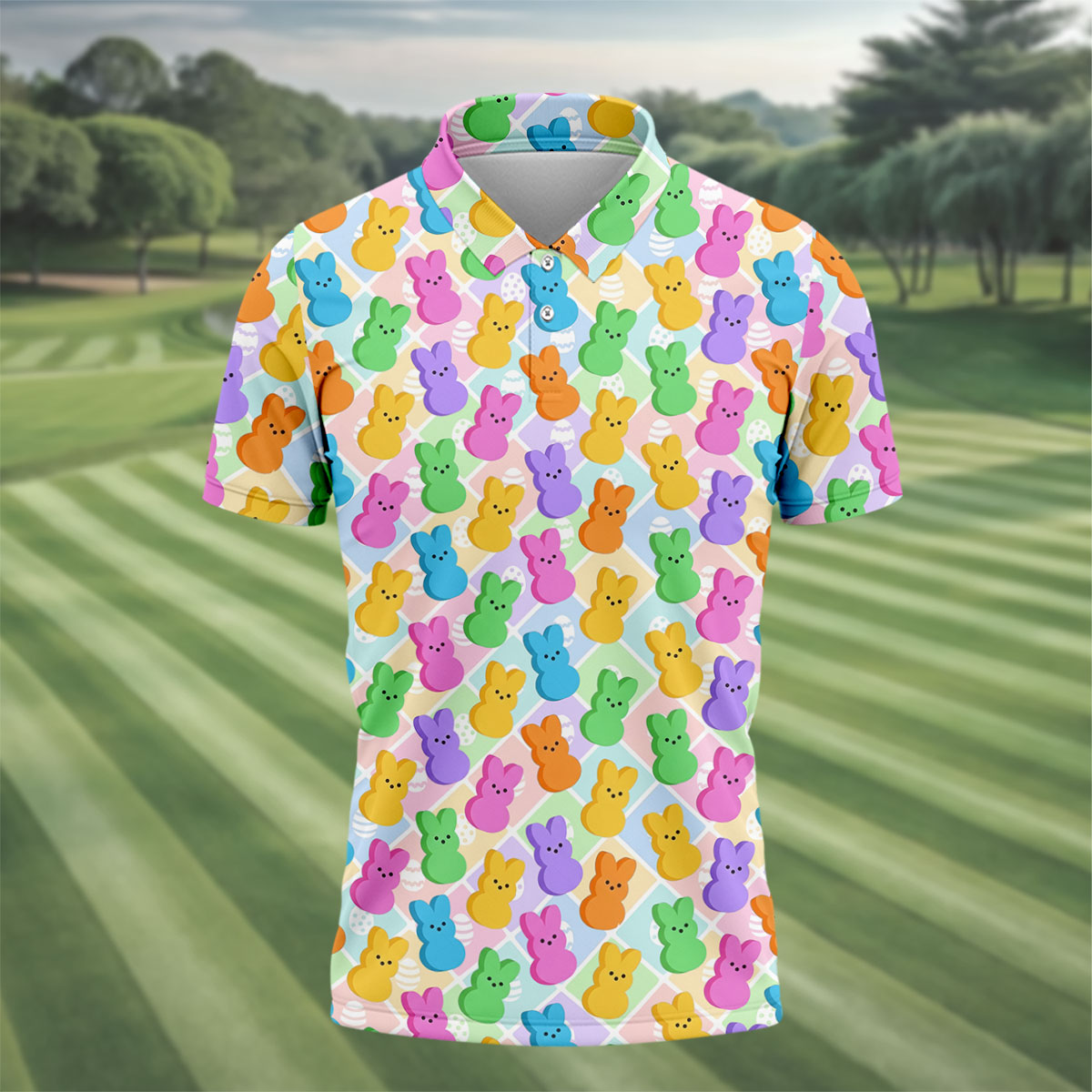 Pastel Easter Peeps Colorful Checkered Golf Shirts For Men, Cute Golf Outfit, Polo Shirts For Men