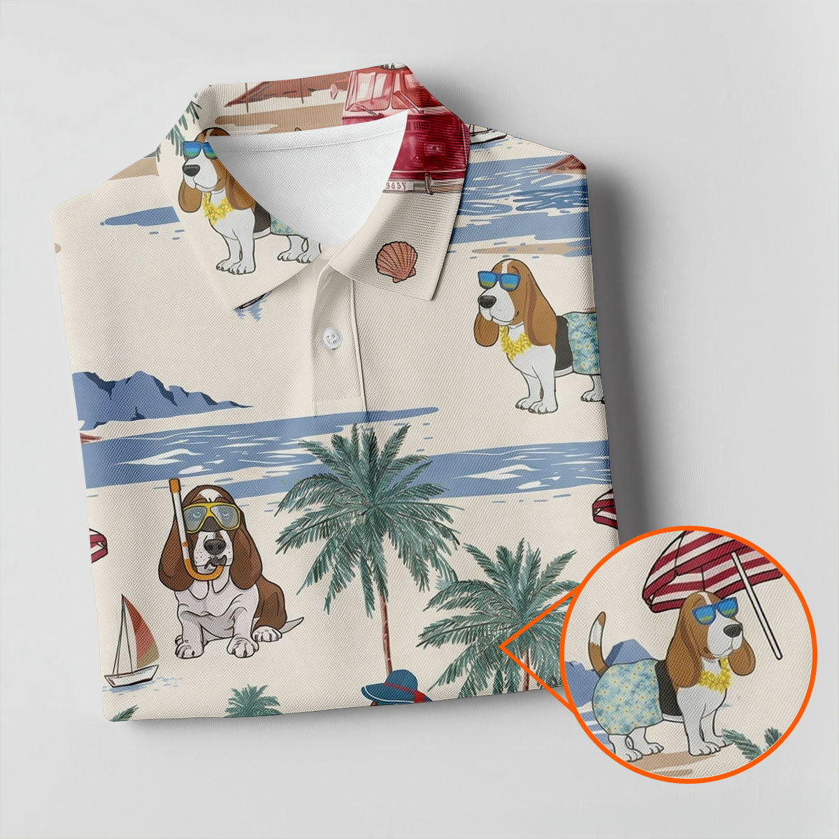 Summer Basset Hound Paradise Hawaiian Golf Polo, Golf Tops For Men, Golfing Apparel