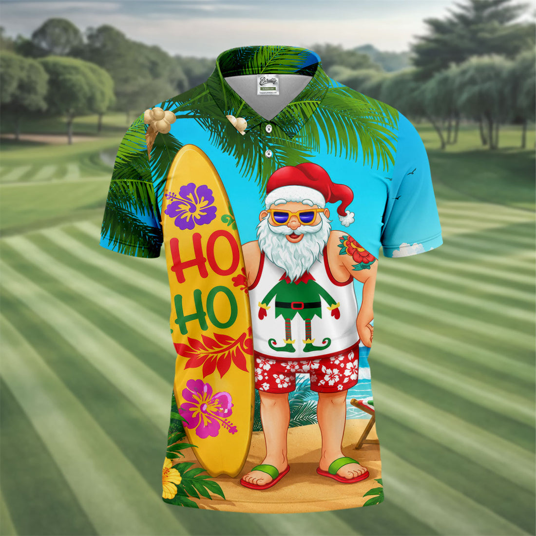 Surfboard Santa Tropical Christmas Golf Shirt, Men's Golf Shirt, Hawaiian Golf Shirt