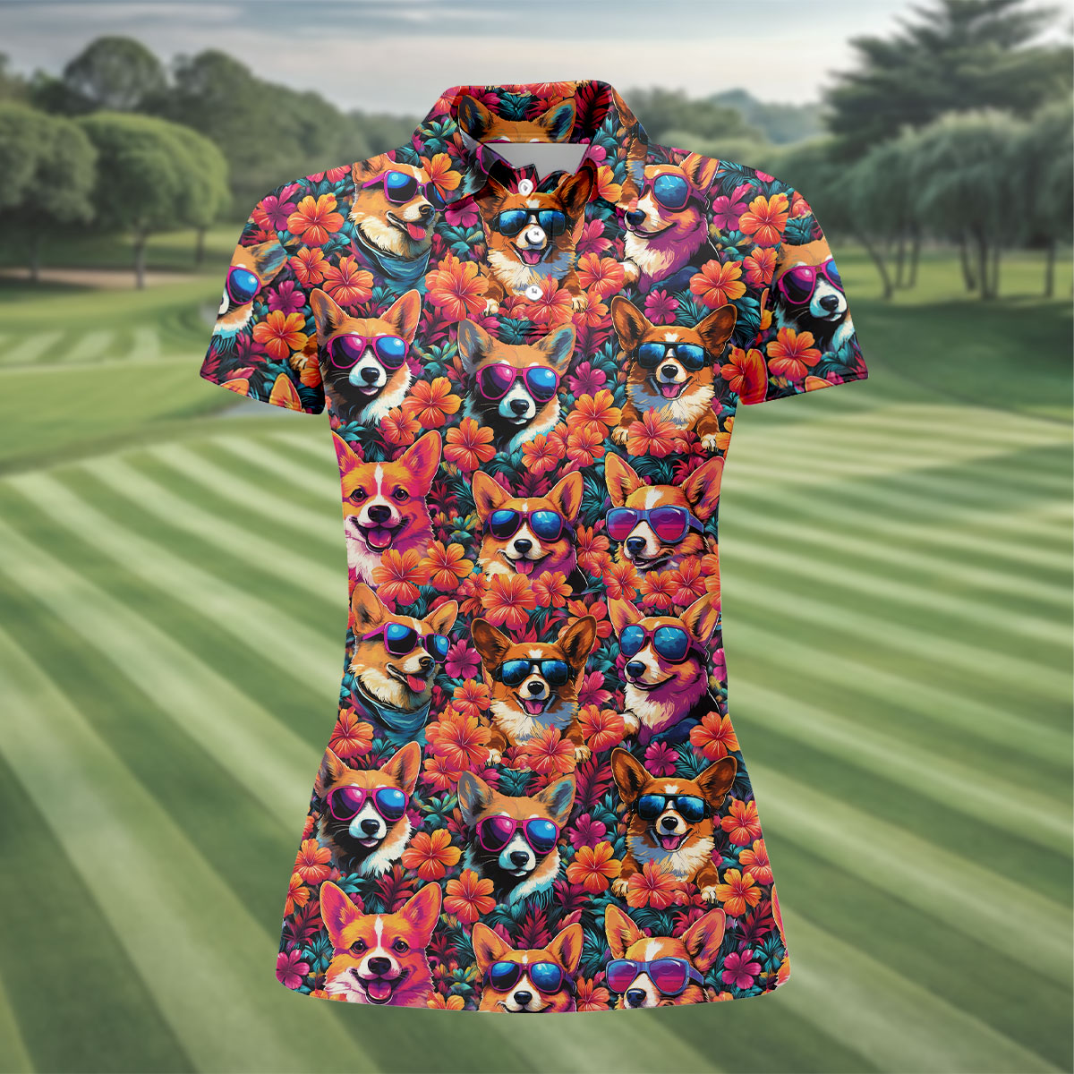 Tropical Corgi Floral Pattern Hawaiian Golf Polo, Golf Tops For Women, Golfing Apparel