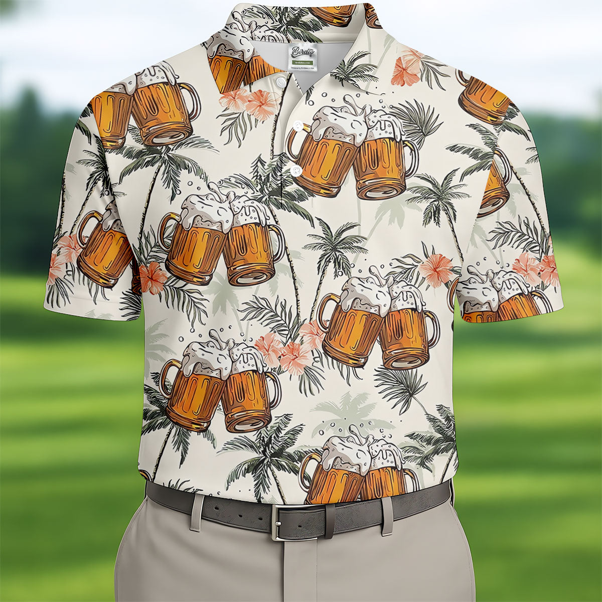 Tropical Palm Trees and Frosty Beer Mug Hawaiian Golf Polo, Golf Tops For Men, Golfing Apparel