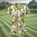 Cartoon Banana Characters on Tropical Island Hawaiian Golf Polo, Golf Tops For Women, Golfing Apparel