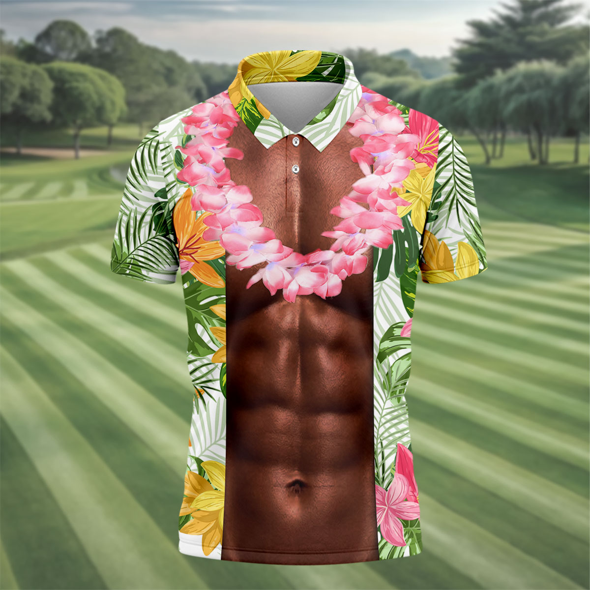 Tan Skin Tropical Muscle Chest Hawaiian Golf Polo Shirt, Golf Apparel For Men, Printed Golf Shirts