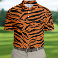 Bold Orange Black Tiger Stripe Animal Print Golf Shirt, Mens Golf Shirts, Golf Apparel For Men