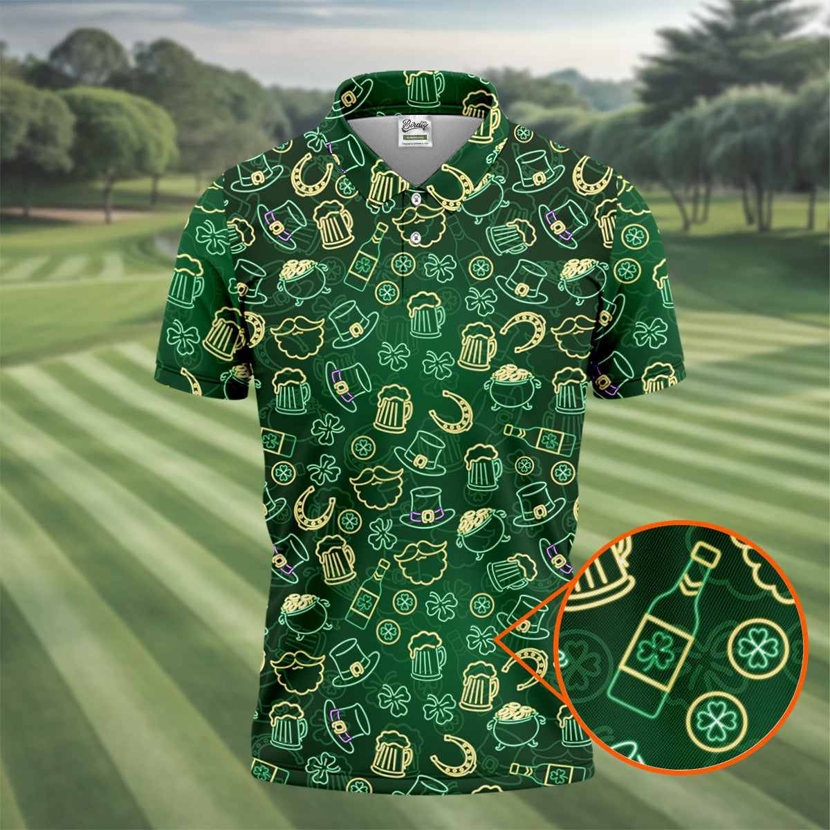 Beer Shamrock Neon Pattern St Patrick's Day Golf Shirt, Golf Tops For Men, Golf Shirts For Men