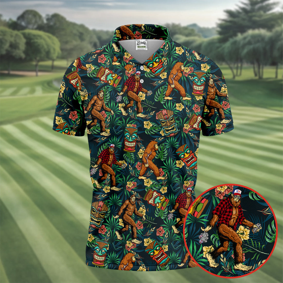 Bigfoot Tropical Tiki Resort Pattern Design Hawaiian Golf Polo, Golf Tops For Men, Golfing Apparel
