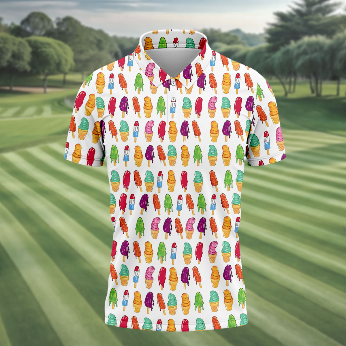 Colorful Ice Cream Pattern Golf Polo Shirt, Men's Golf Shirt, Golf Apparel For Men