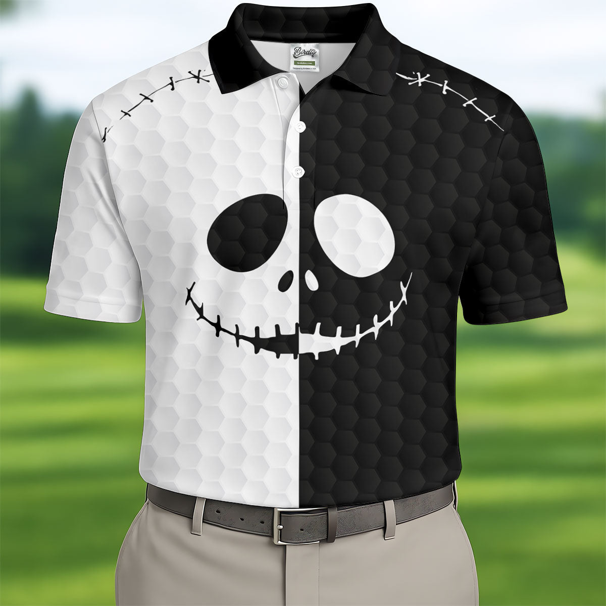Black White Skull Face Halloween Golf Polo Shirt, Mens Golf Shirts, Golf Polo Shirts For Men