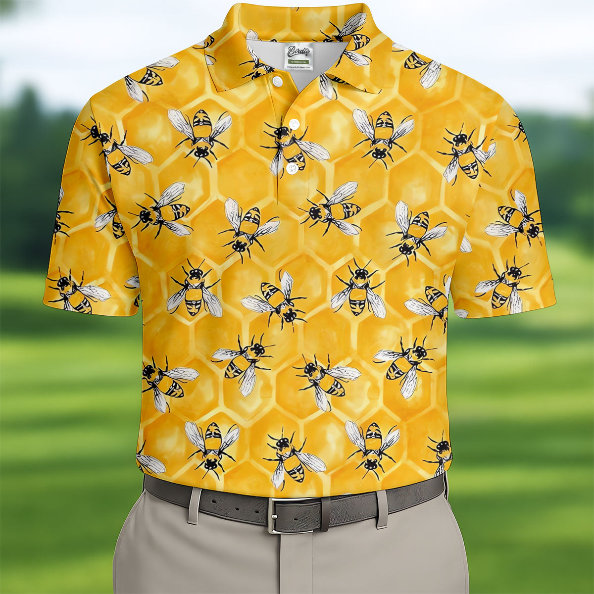 Realistic Flying Bees on Golden Honeycomb Hawaiian Golf Polo, Golf Tops For Men, Golfing Apparel