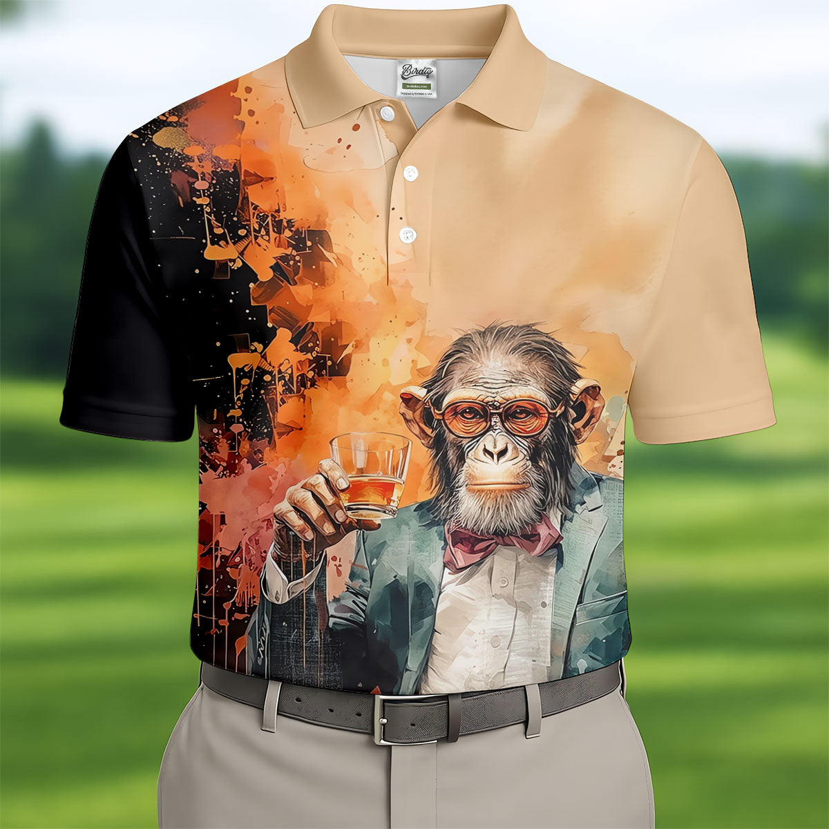 Gentleman Monkey Whiskey Golden Sunset Hawaiian Golf Polo, Golf Tops For Men, Golfing Apparel