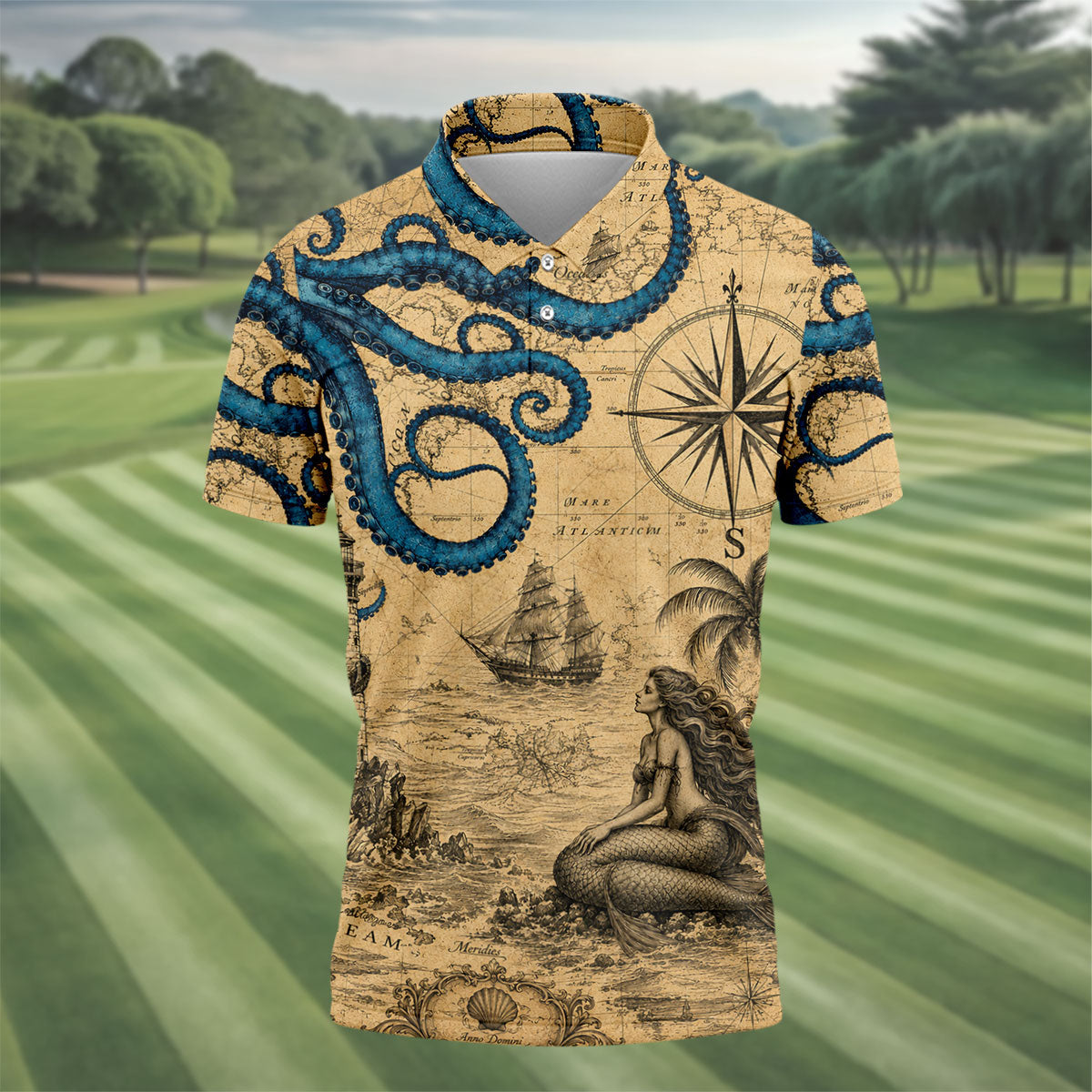 Mermaid Princess Vintage Nautical Hawaiian Golf Shirt, Men's Golf Shirt, Polo Shirts For Men