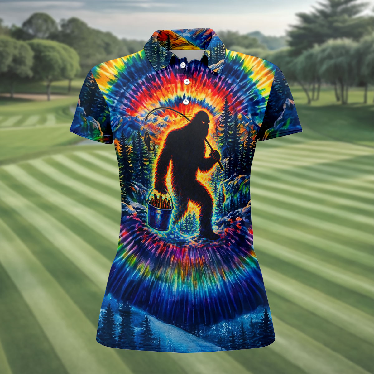 Tie Dye Bigfoot Fishing Forest Golf Shirt, Women’s Golf Apparel, Golf Tops For Women