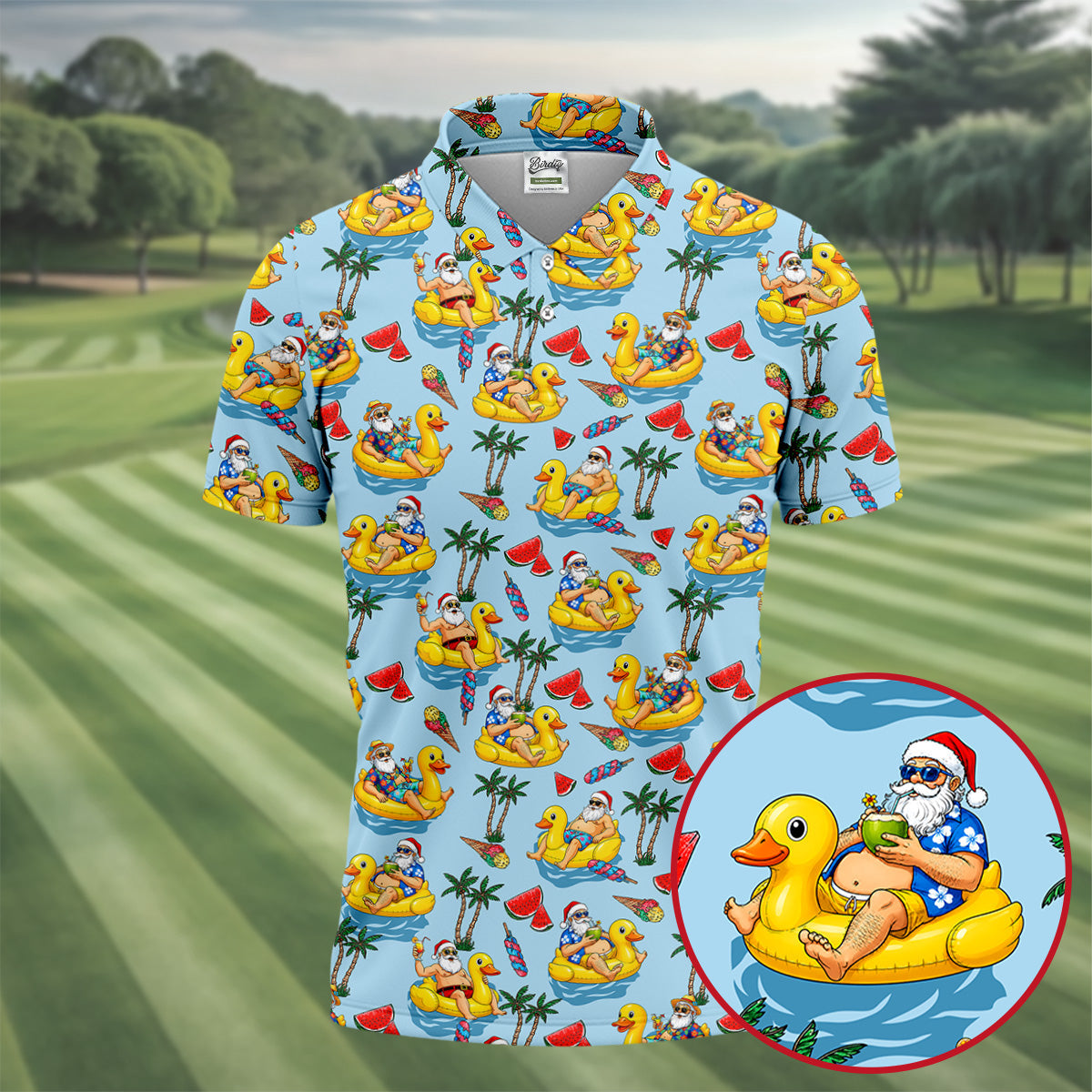 Men's Santa Duck Pool Float Hawaiian Golf Shirt, Christmas Golf Shirt, Golf Apparel For Men