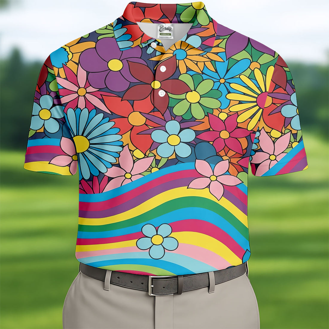 Retro Rainbow Floral Hippie Hawaiian Golf Shirt, Golf Polo Shirts For Men, Mens Golf Apparel