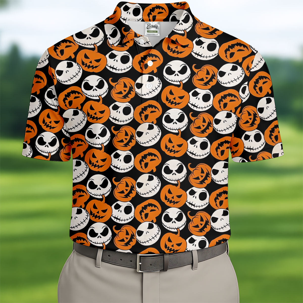 Halloween Skull Pumpkin Pattern Golf Polo Shirt, Men's Golf Shirt, Hawaiian Golf Shirt