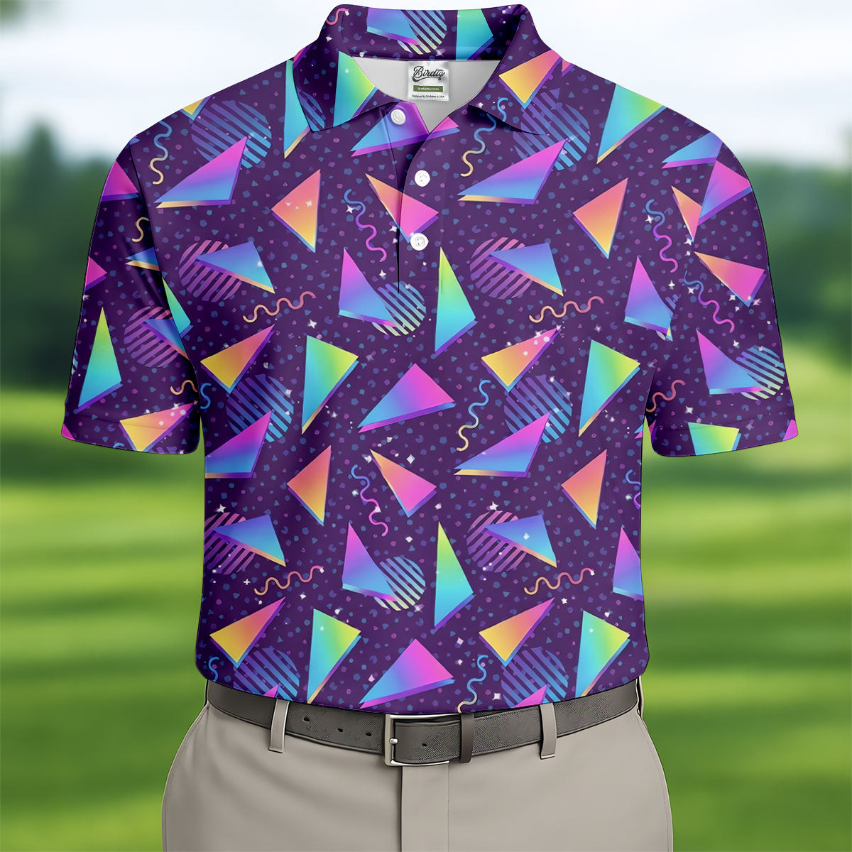 Retro Memphis Geometric Pattern Golf Polo Shirt, Men's Golf Shirt, Golf Apparel For Men