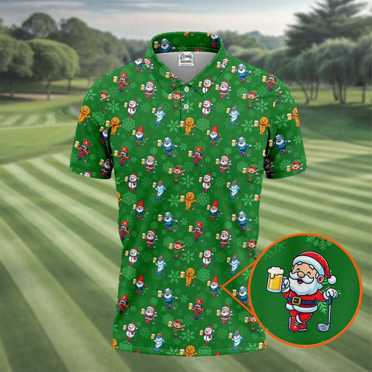 Christmas Characters Golf And Beer Green Men's Funny Golf Shirts, Christmas Golf Shirt, Polo Shirts For Men