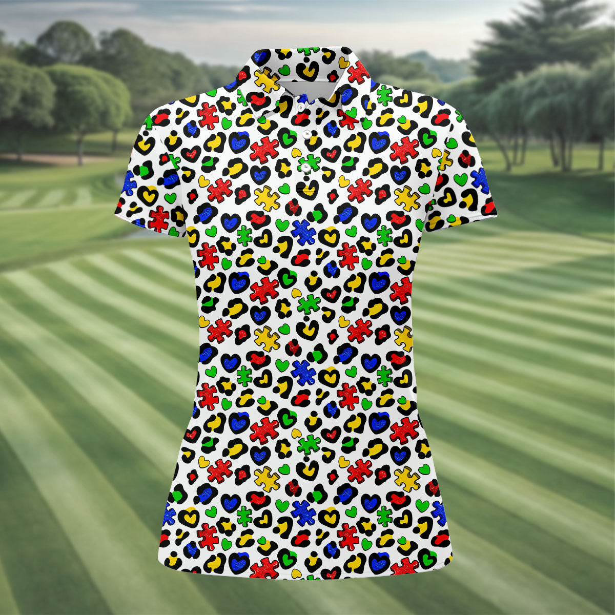 Autism Awareness Color Leopard Pattern White Golf Shirt, Women's Golf Tops, Ladies Golf Shirts, Ladies Golf Polos