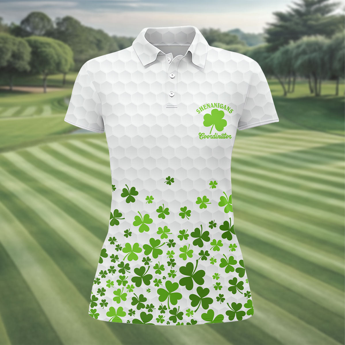 Shenanigans Coordinator Golf Ball Pattern St Patrick Day White Golf Shirt, Women's Golf Tops, Ladies Golf Polos