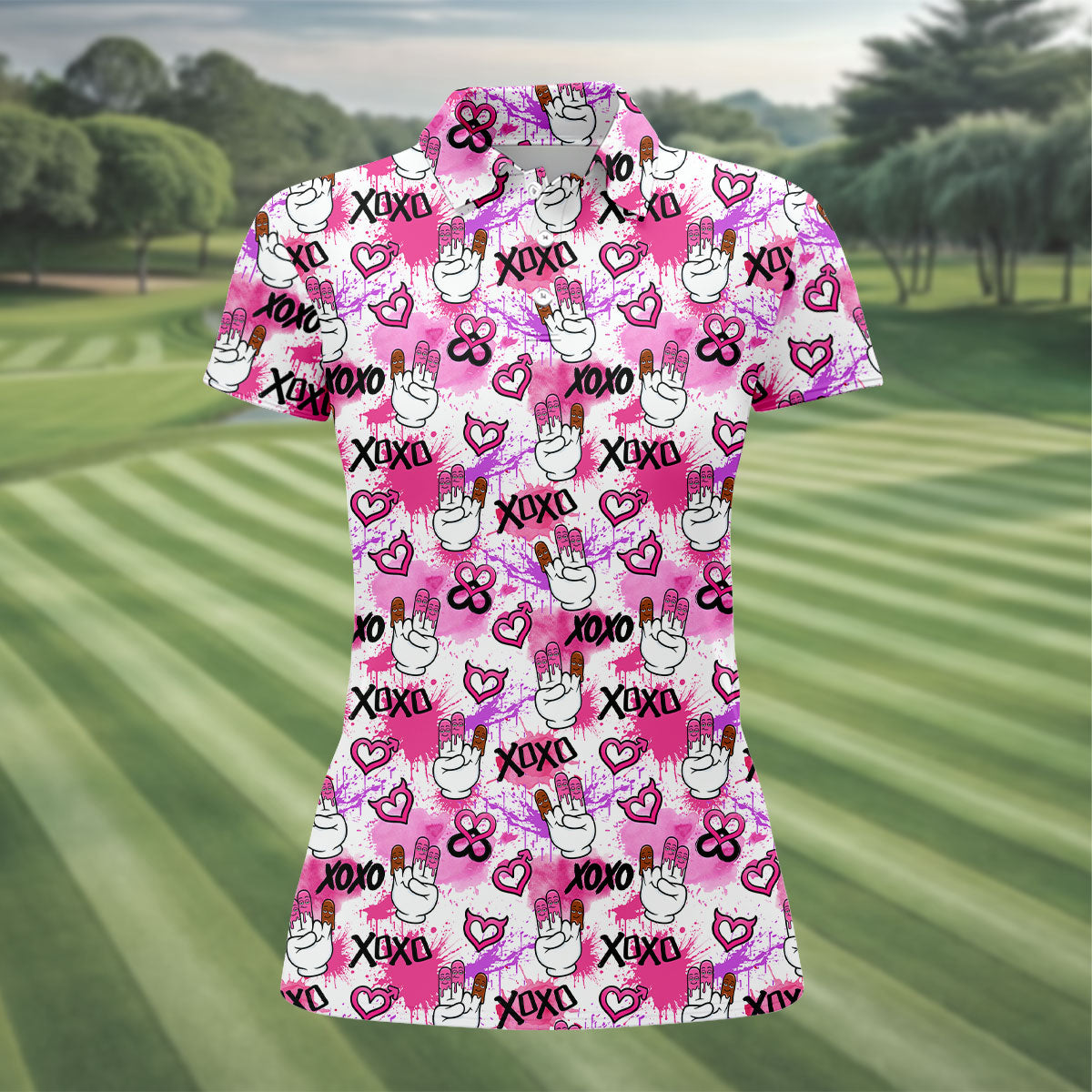 Chocolate Fingers Adult Humor XOXO Pink Splatter Fun Women's Golf Shirts, Valentines Golf Gift, Women's Golf Tops