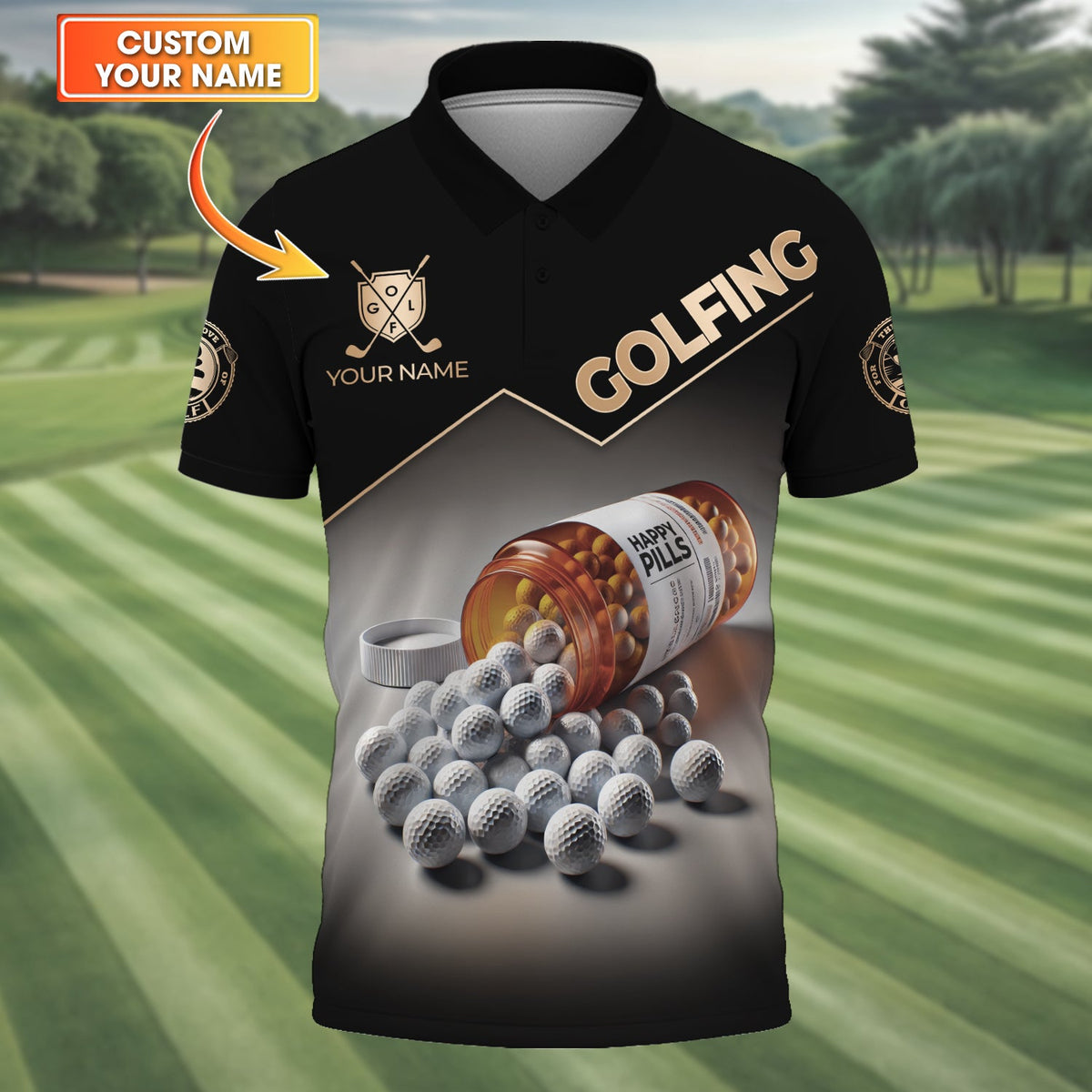 Happy Pills Men's Golf Polo Shirt, Golfing Apparel, Mens Golf Gift, Funny Golf Shirt