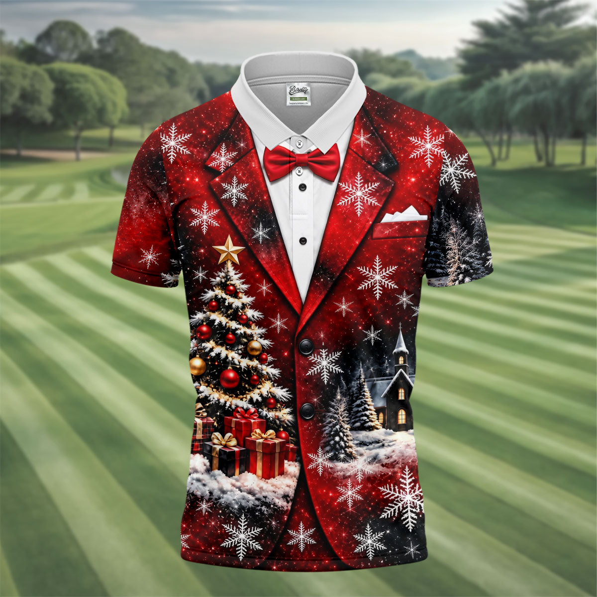 Tuxedo Tree Snowflakes Christmas Golf Shirt, Golf Shirts For Men, Mens Golf Apparel