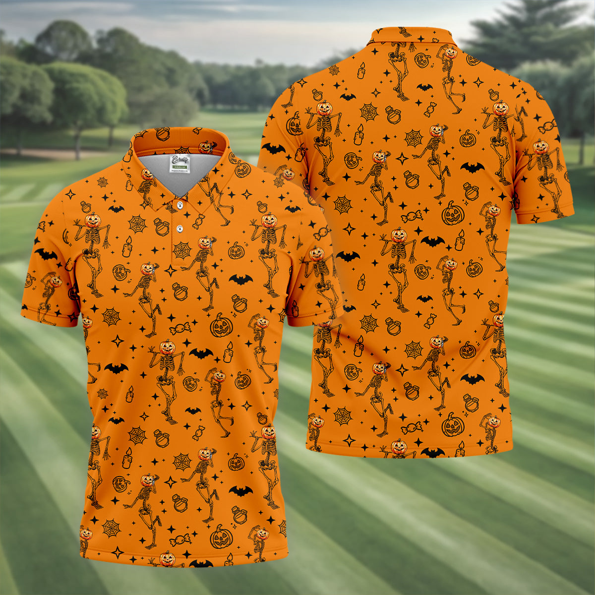 Skeleton Orange Golf Shirt, Halloween Golf Shirt, Fun Golf Polos, Men's Long Seeve Golf Shirts, Golf Gifts For Men