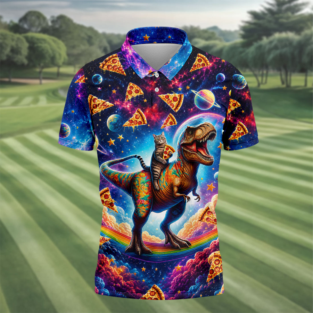 Pizza Space Cat Rainbow Dinosaur Hawaiian Golf Shirt, Men's Golf Shirt, Polo Shirts For Men