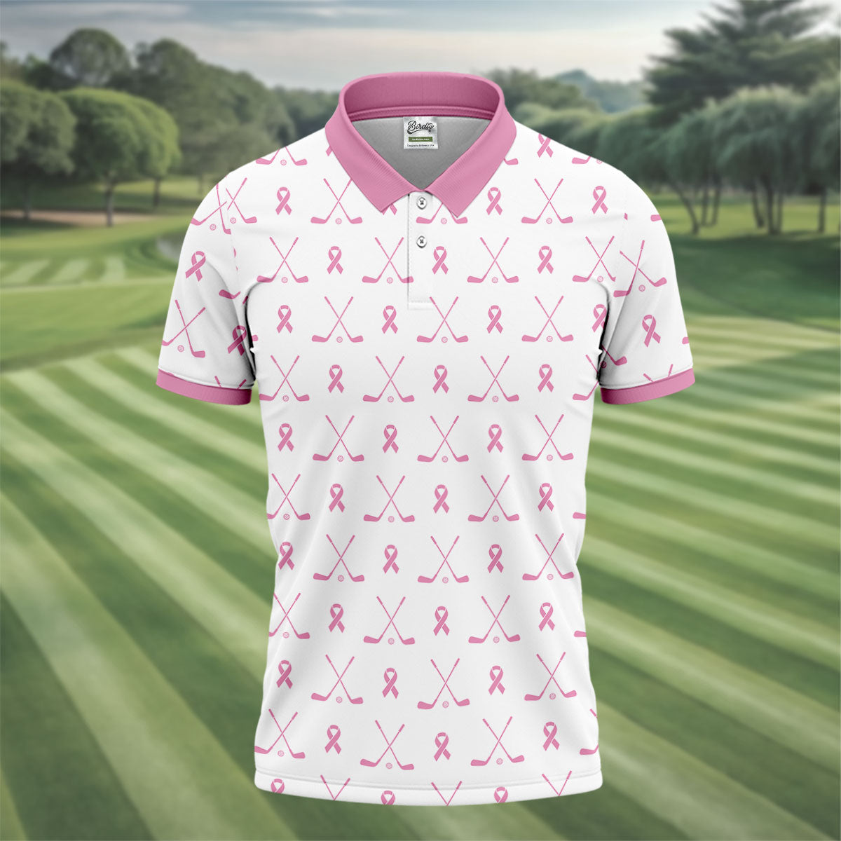 Pink Ribbon Golf Clubs Breast Cancer Polo Shirt, Golf Shirts For Men, Mens Golf Apparel