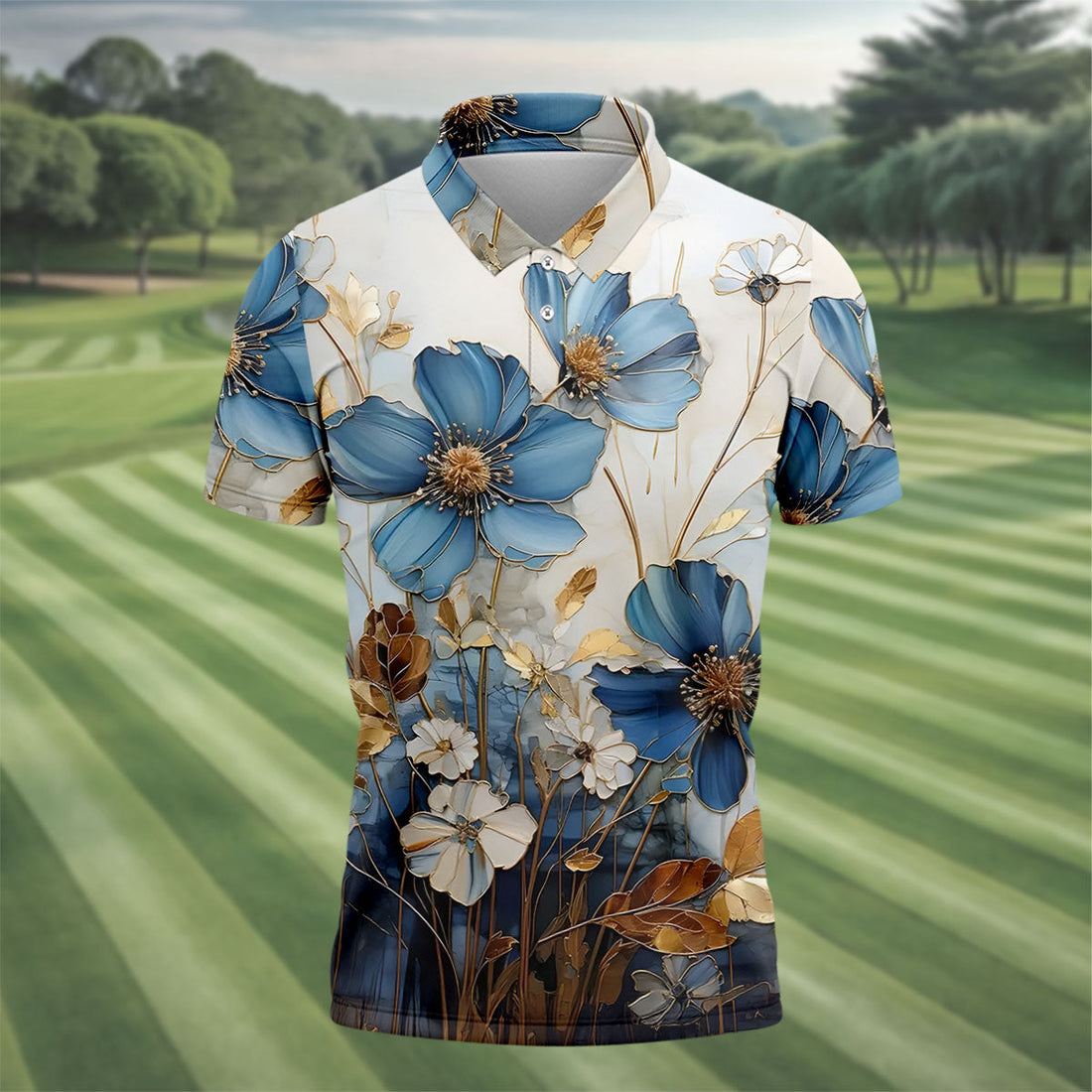 Blue And Gold Botanical Floral Hawaiian Golf Shirt, Men's Golf Shirt, Polo Shirts For Men